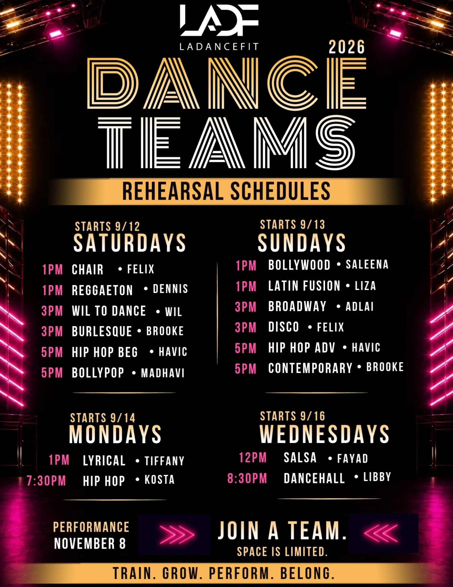 2026 Dance Team Rehearsal Schedules with styles, instructors, days and times