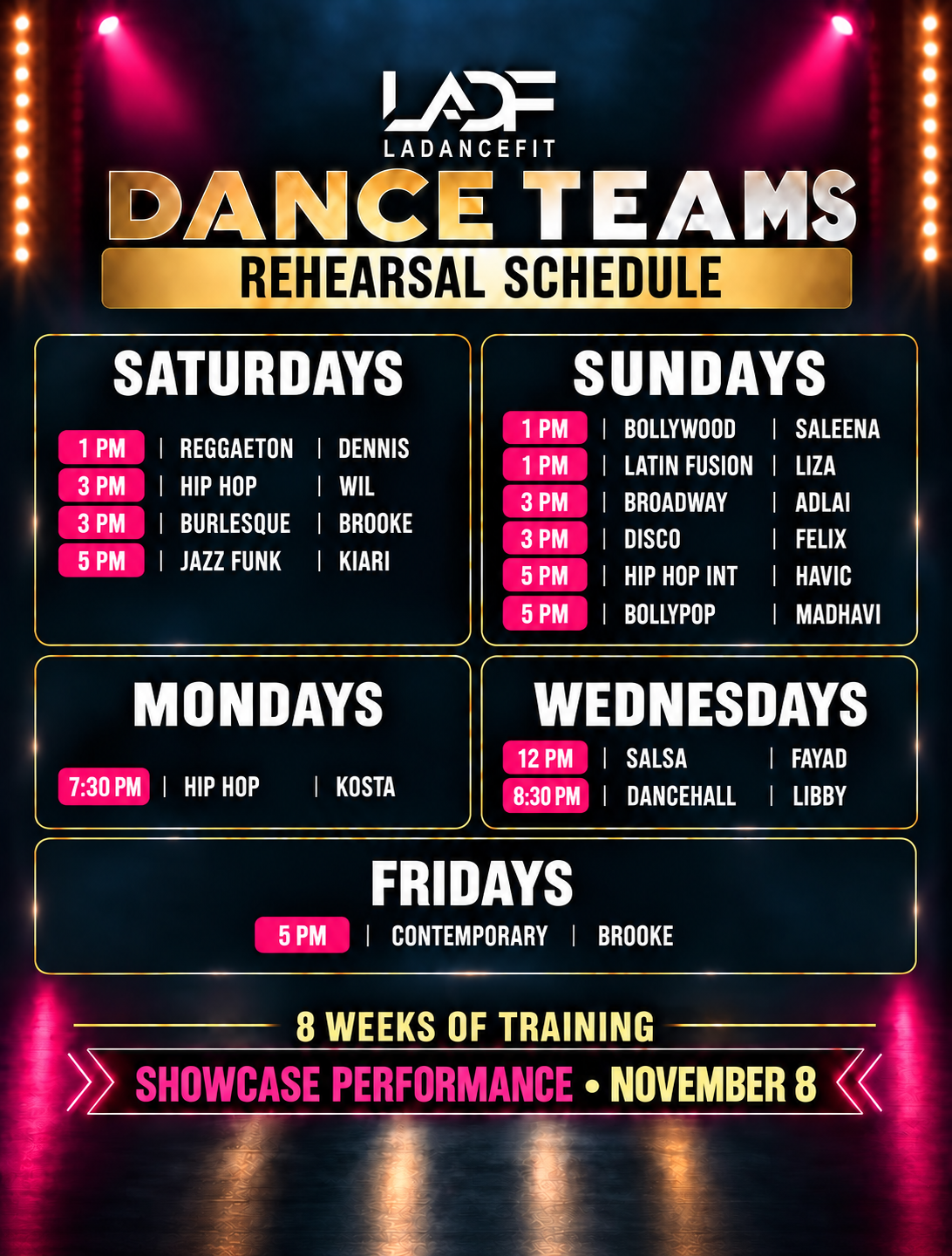 Complete 2026 LA DanceFit Dance Team rehearsal schedule