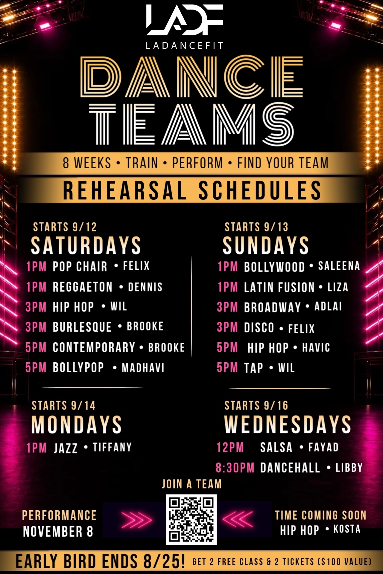 2026 Dance Team Rehearsal Schedules - Saturdays, Sundays, Mondays, and Wednesdays starting September 2026
